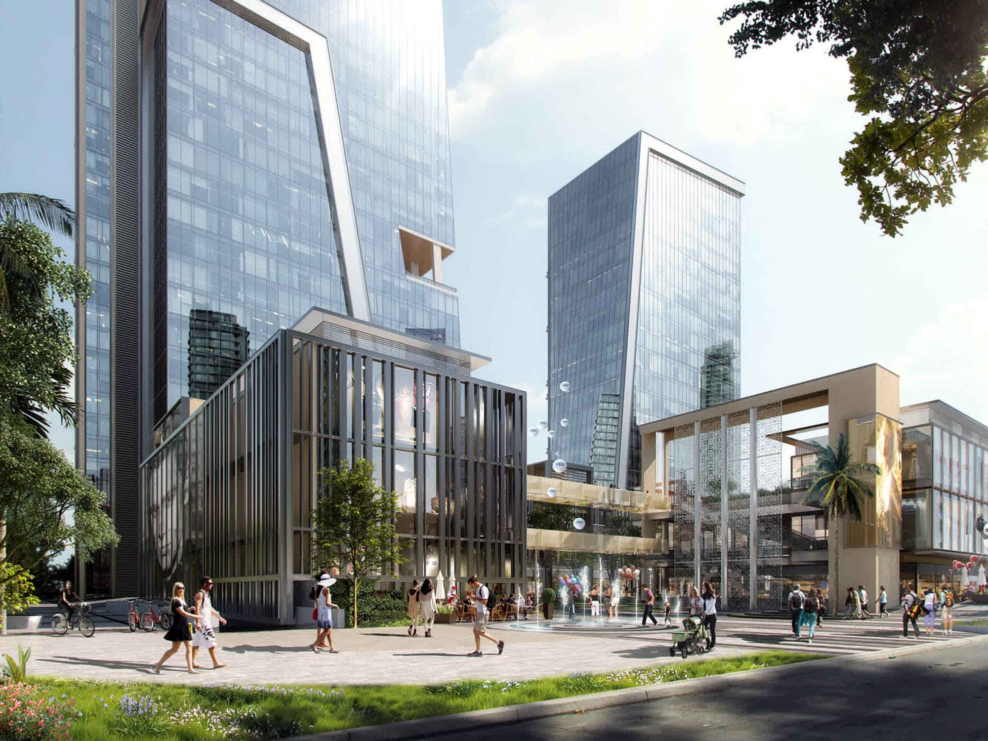 ACE 153 entrance plaza with office towers and landscaped walkways