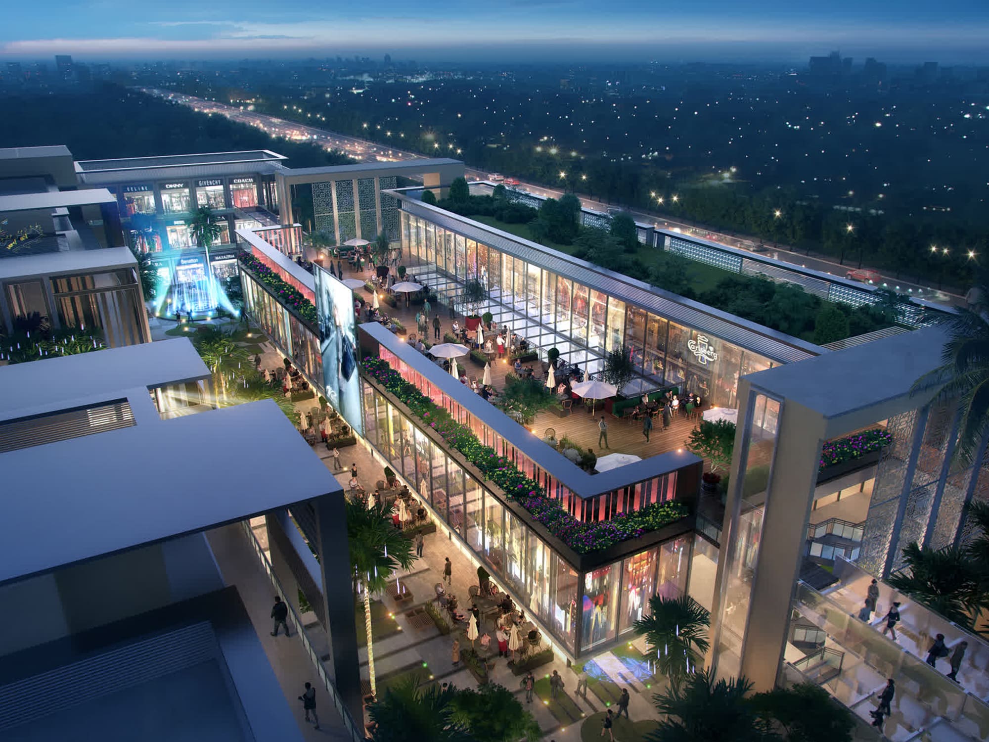 ACE 153 rooftop retail and dining destination at night