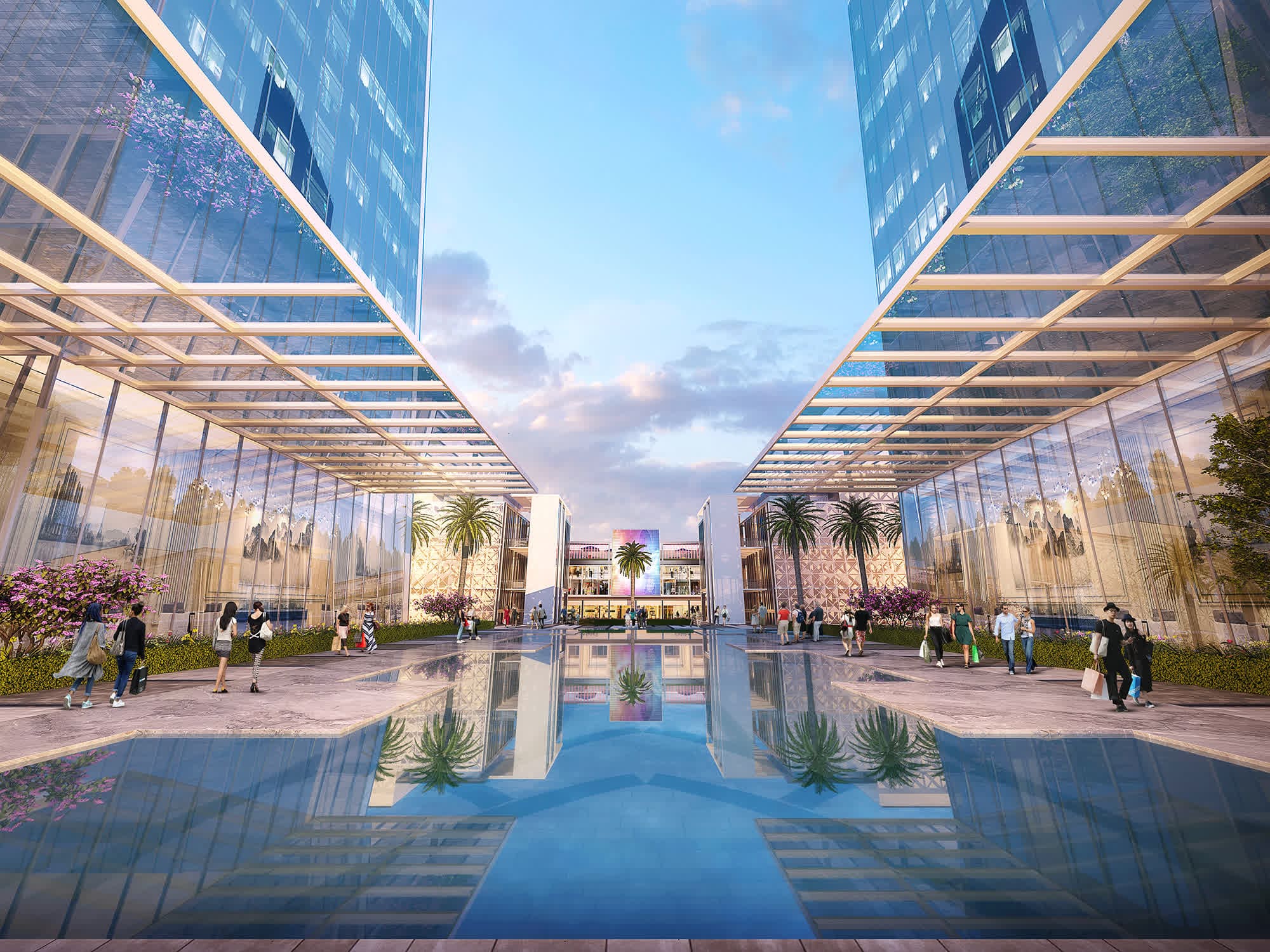 ACE 153 grand courtyard with reflecting pool and commercial towers