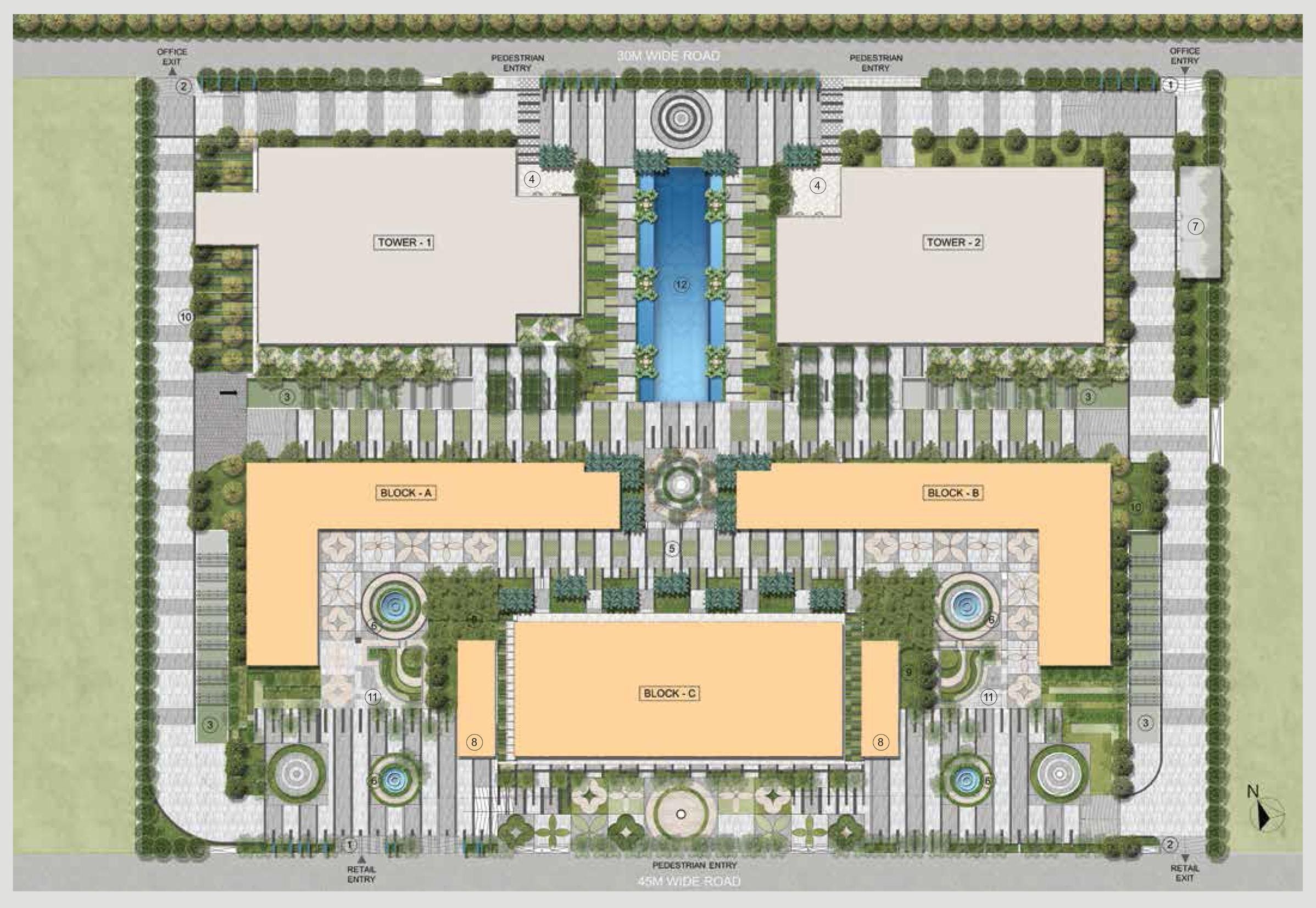 ACE 153 site layout with commercial towers, retail spaces and central plaza