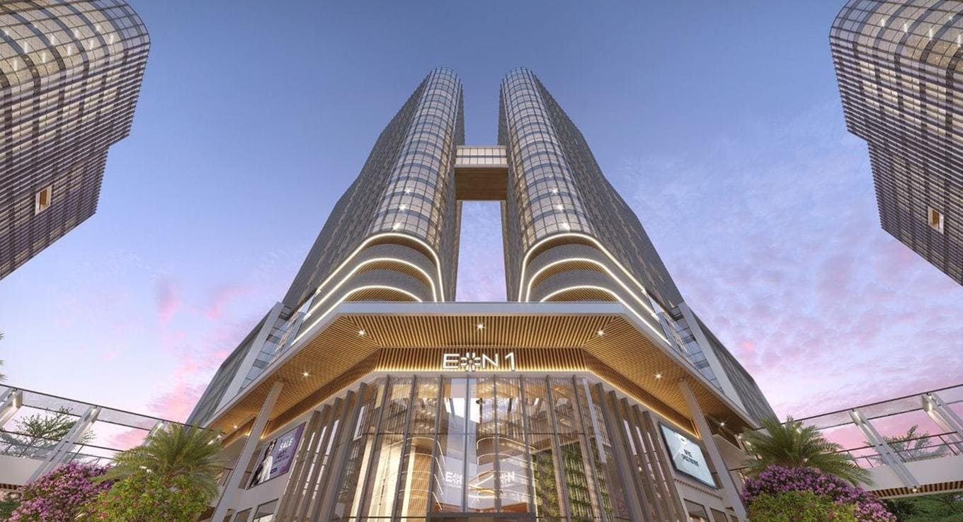 Iconic entrance facade of Fairfox EON business hub in Noida