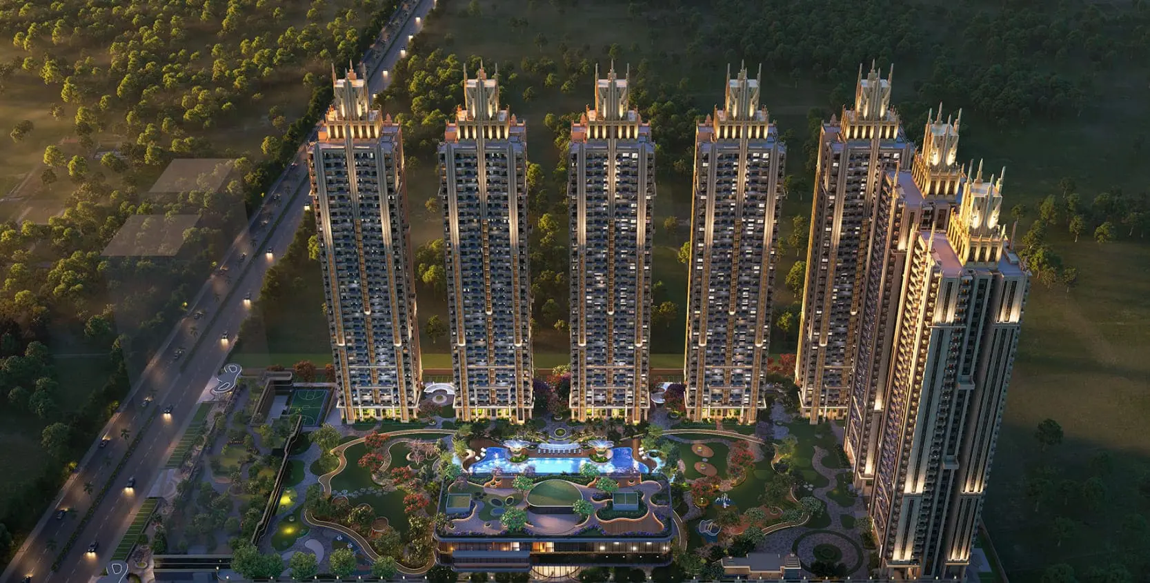 Aerial view of Gaur Chrysalis luxury residential towers and landscaped clubhouse in Greater Noida West