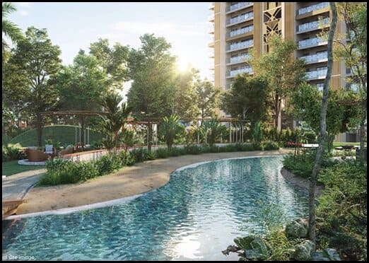 Landscaped water garden with walking trails at Godrej Jardinia Noida