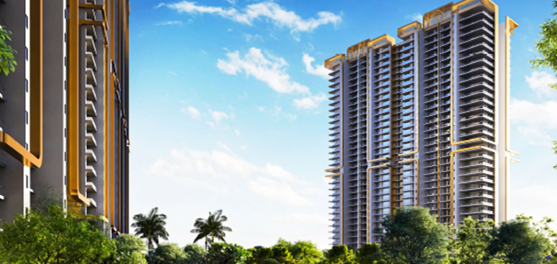 Impressive high-rise luxury residential building showcasing a clean grey and gold architectural design against a bright blue sky
