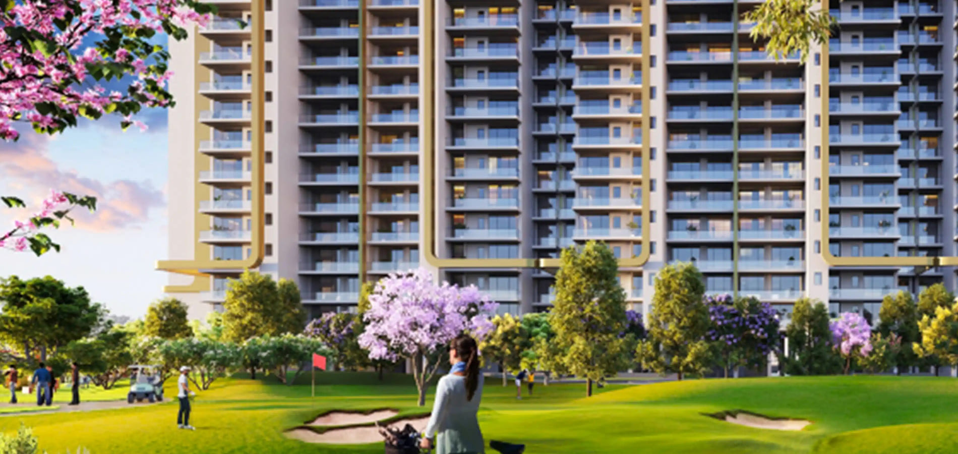 Manicured green golf putting field right outside the balconies of a luxury residential high-rise tower