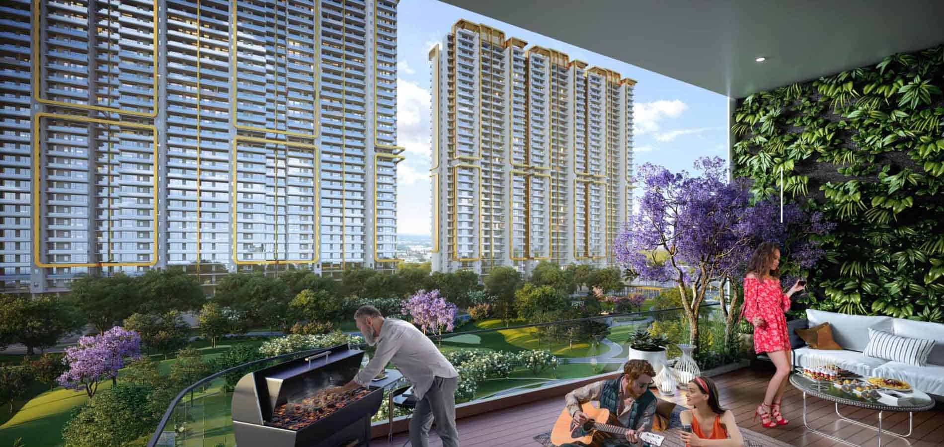 Spacious open balcony setup with a live green wall, outdoor barbecue grill, seating area, and views of the surrounding skyscrapers