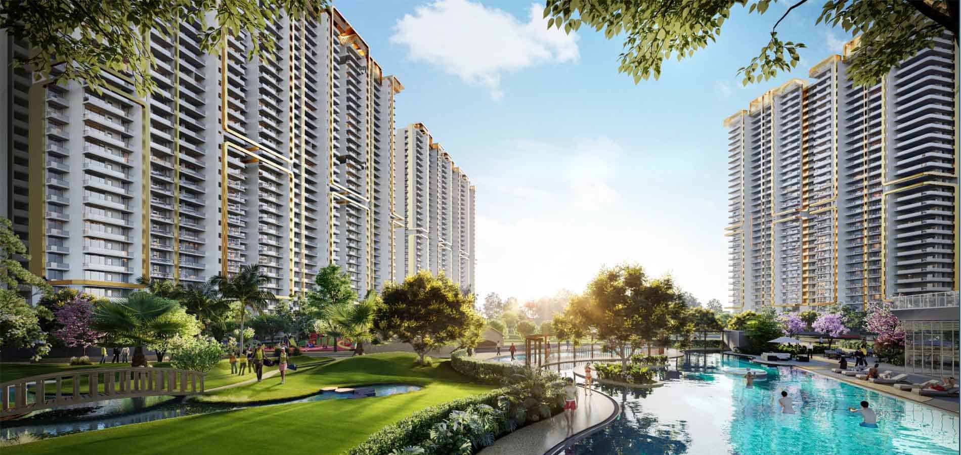 Expansive resort-style community layout featuring a large swimming pool, green lawns, walking paths, and multiple luxury towers