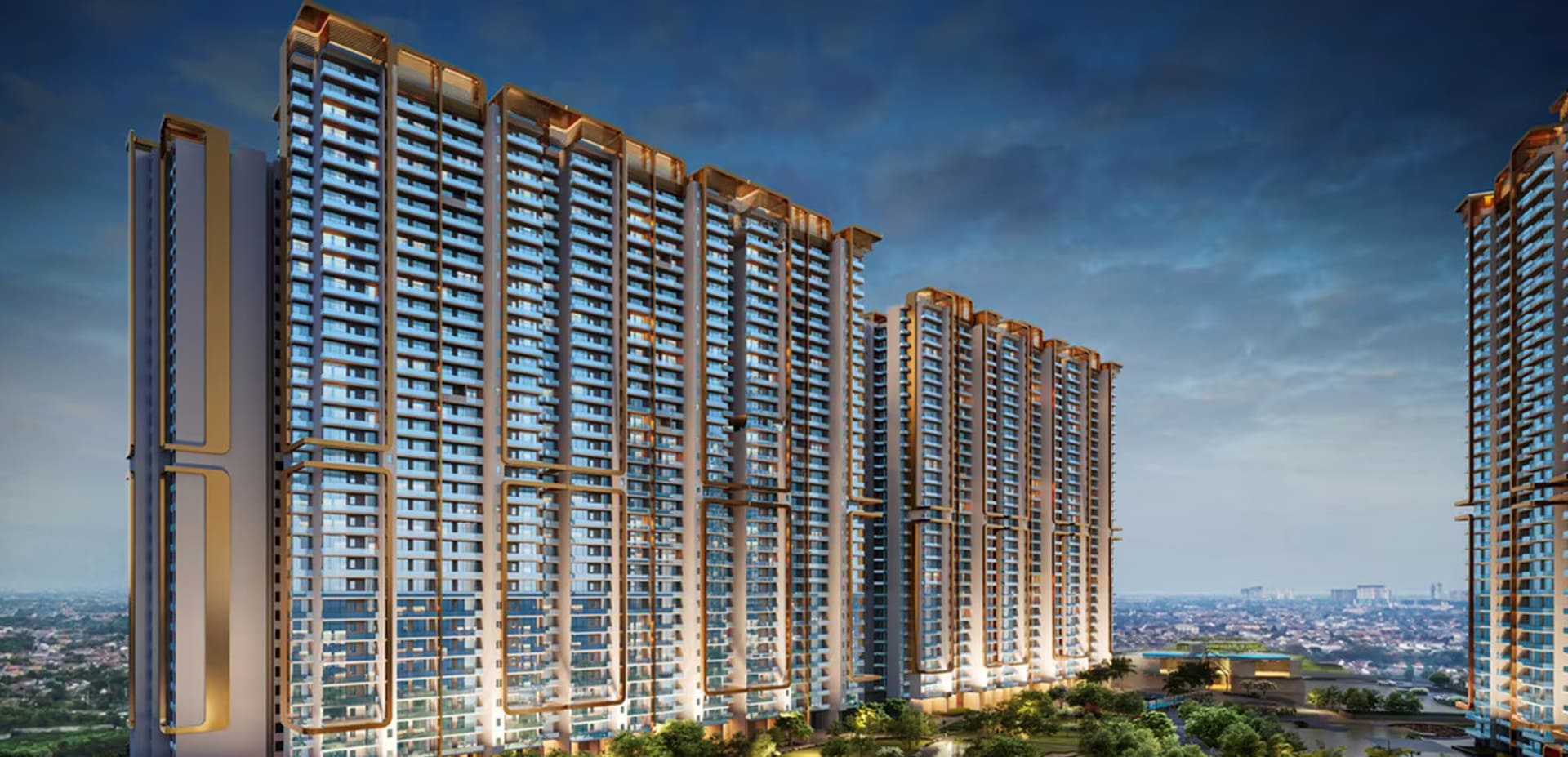 Majestic architectural rendering of towering modern residential buildings with gold-accented facades under a dramatic twilight sky