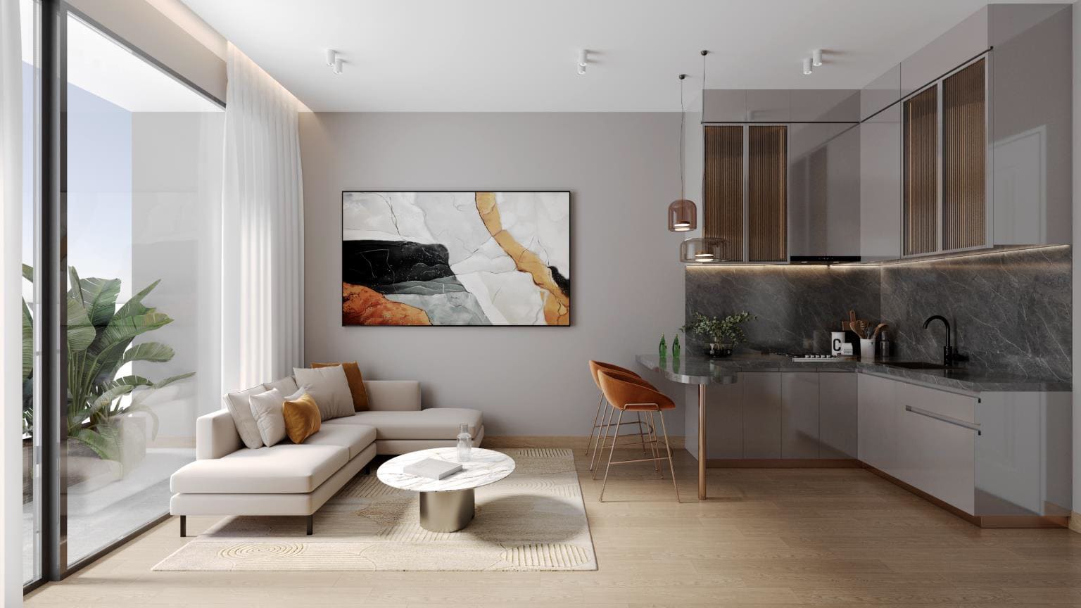 Luxury living room with open kitchen at M3M 72