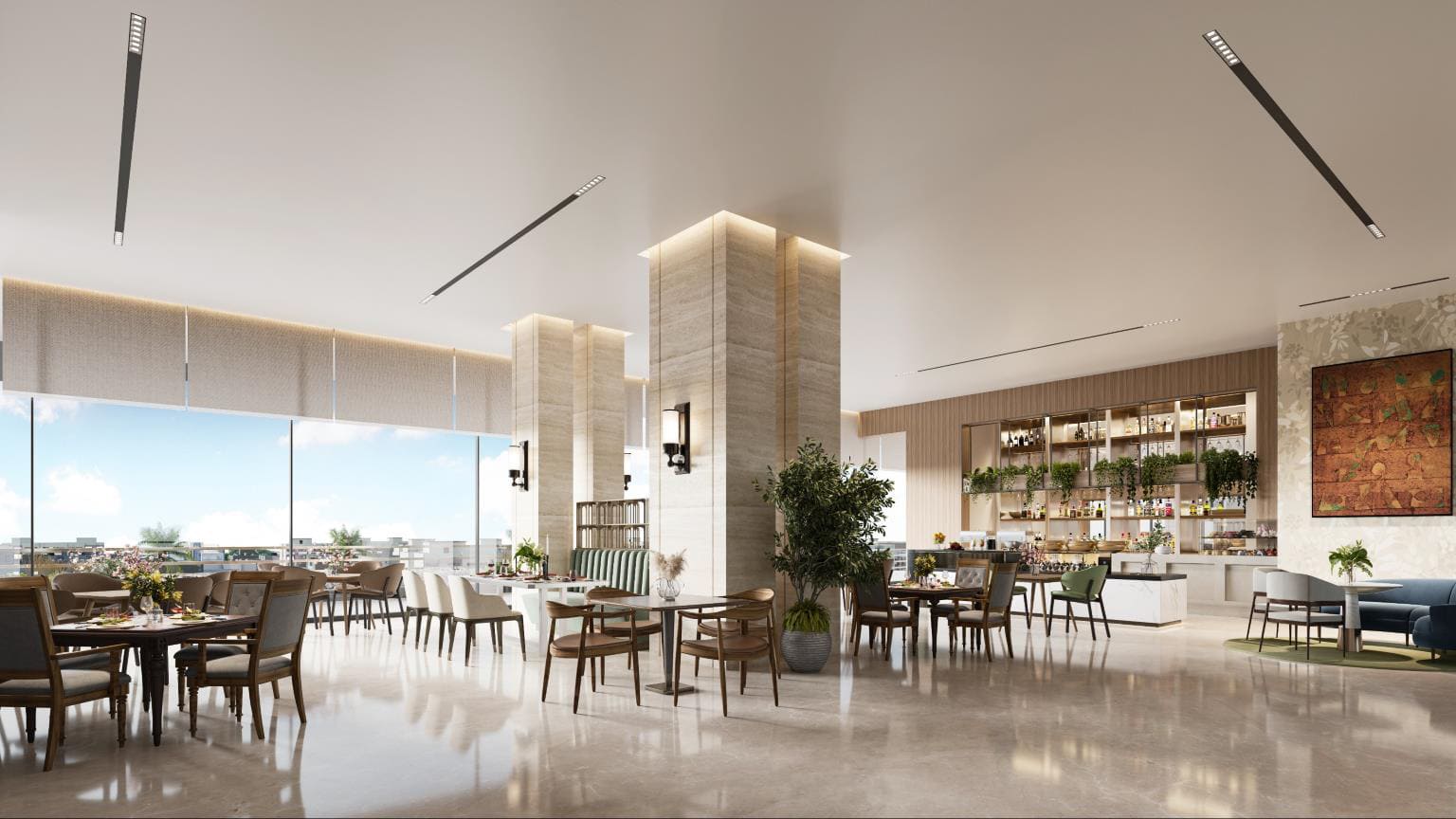 Modern luxurious restaurant dining room with marble flooring and bar area