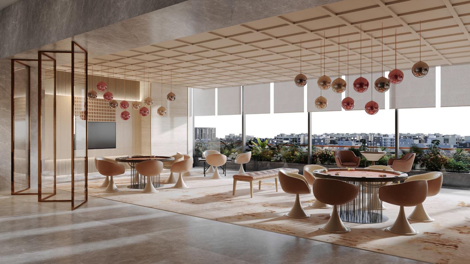 Upscale card playing lounge room with round tables, retro swivel chairs, and hanging pendant lights