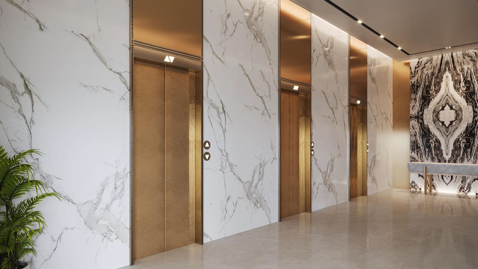 Elegant elevator lobby corridor with white marble walls and golden elevator doors