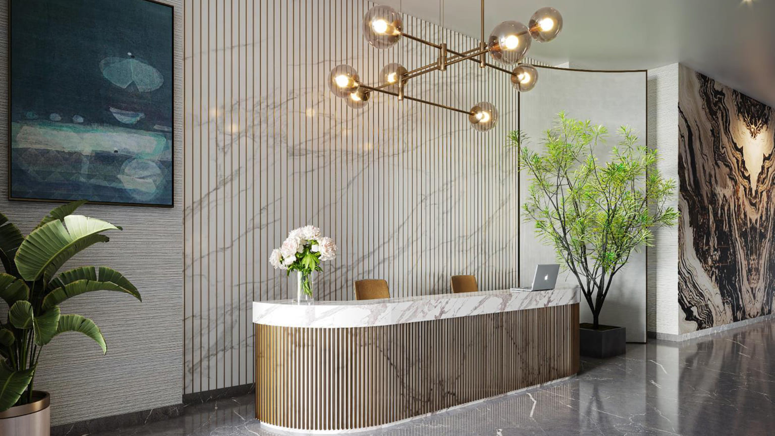 Office or hotel reception desk with curved wooden paneling and a modern chandelier
