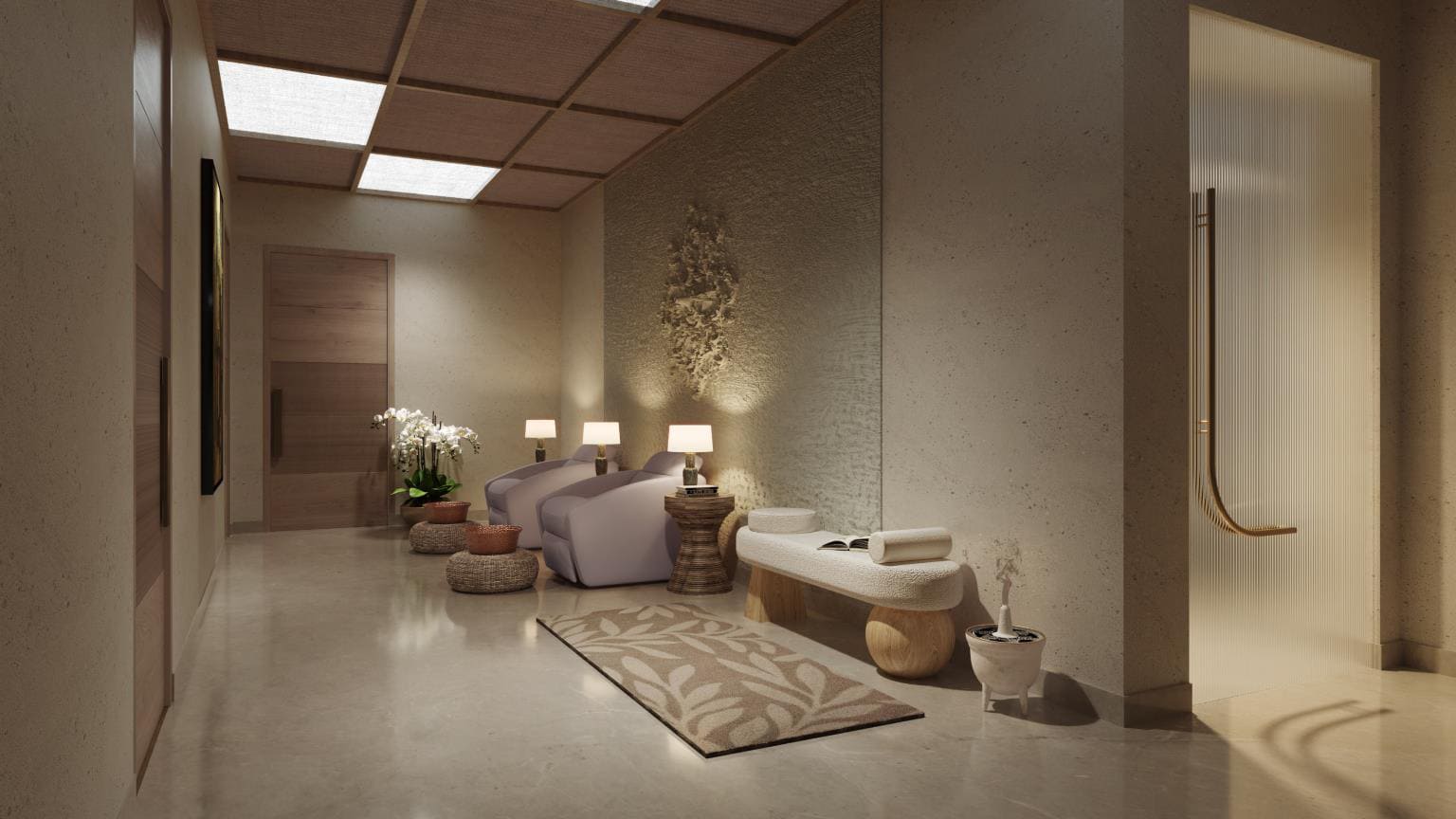 Serene spa waiting lounge with comfortable armchairs and warm low lighting