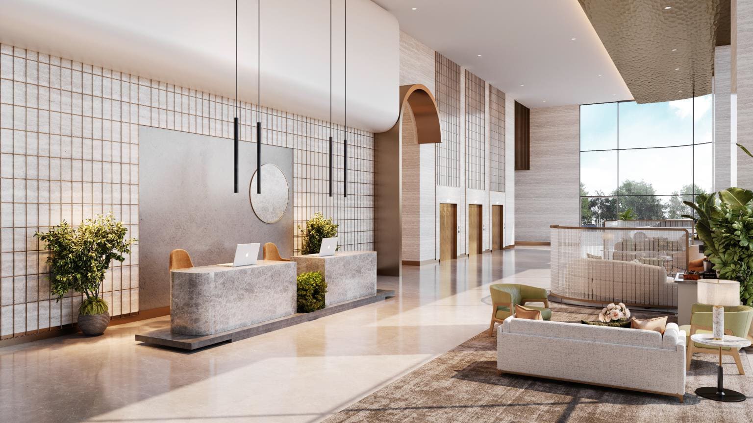 Spacious building lobby with marble reception desks and seating lounge area