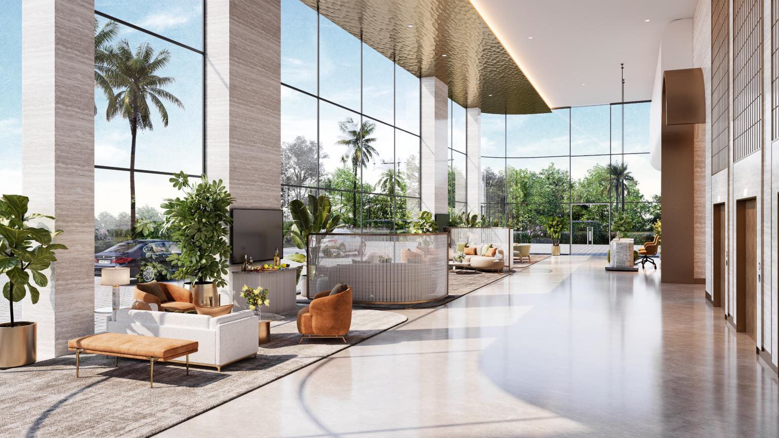 Bright high-ceiling atrium lounge with floor-to-ceiling windows looking out to palm trees