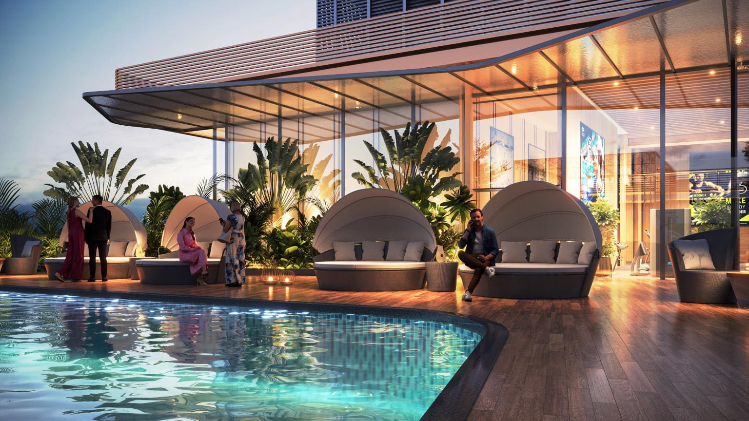 Luxury pool deck with cabanas at M3M 72