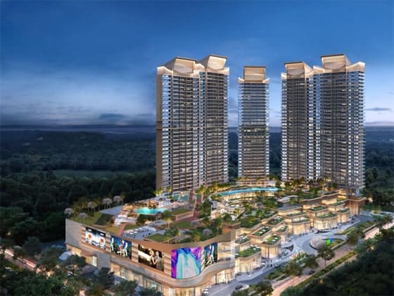 Dusk view of towering luxury skyscrapers showcasing an illuminated retail podium and swimming pools