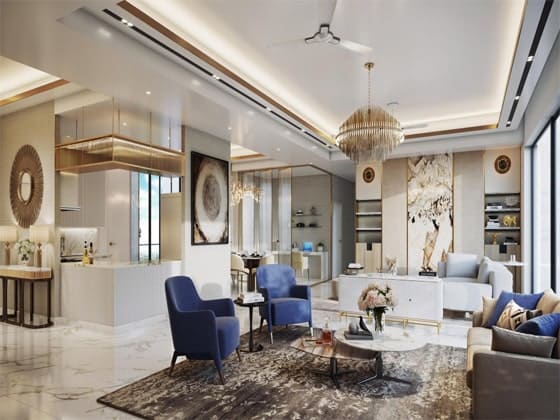 Luxurious residential living room with polished marble floors, comfortable seating layout, a modern chandelier, and an open kitchen view