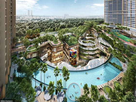 Top-down architectural view of a large outdoor swimming pool surrounded by landscaped gardens and modern buildings