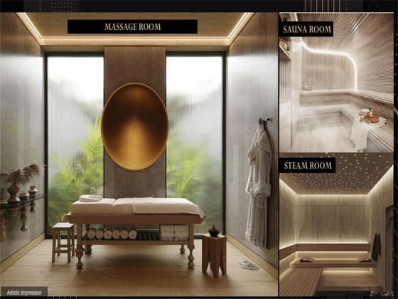 Collage showcasing a luxury wellness spa layout featuring a massage room, wooden sauna room, and star-lit steam room