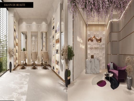 High-end beauty salon interior featuring sleek styling stations and a chic reception waiting area with a purple sofa