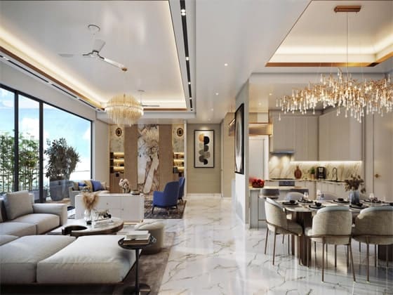 Open-concept luxury apartment interior showing a contemporary living room, dining set, and an open kitchen with marble floors