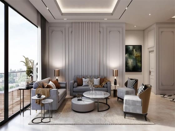Sophisticated living room setup with plush grey sofas, accent chairs, marble coffee tables, and large floor-to-ceiling windows