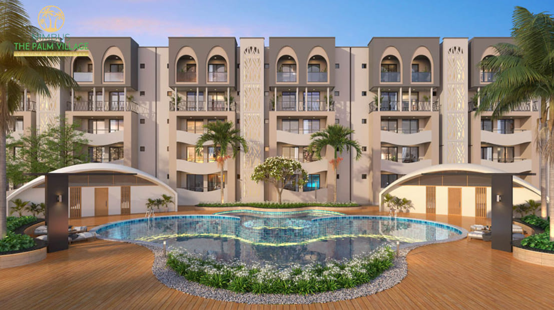 Modern exterior architectural design of residential floors at Nimbus The Palm Village featuring a curved swimming pool and wooden deck area