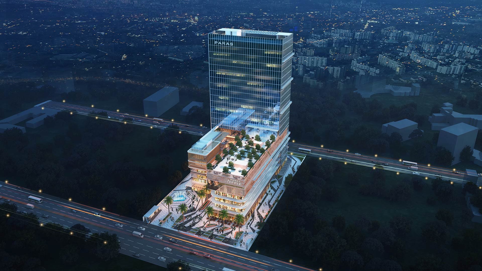 Paras Avenue Sector 129 Noida commercial tower aerial night view
