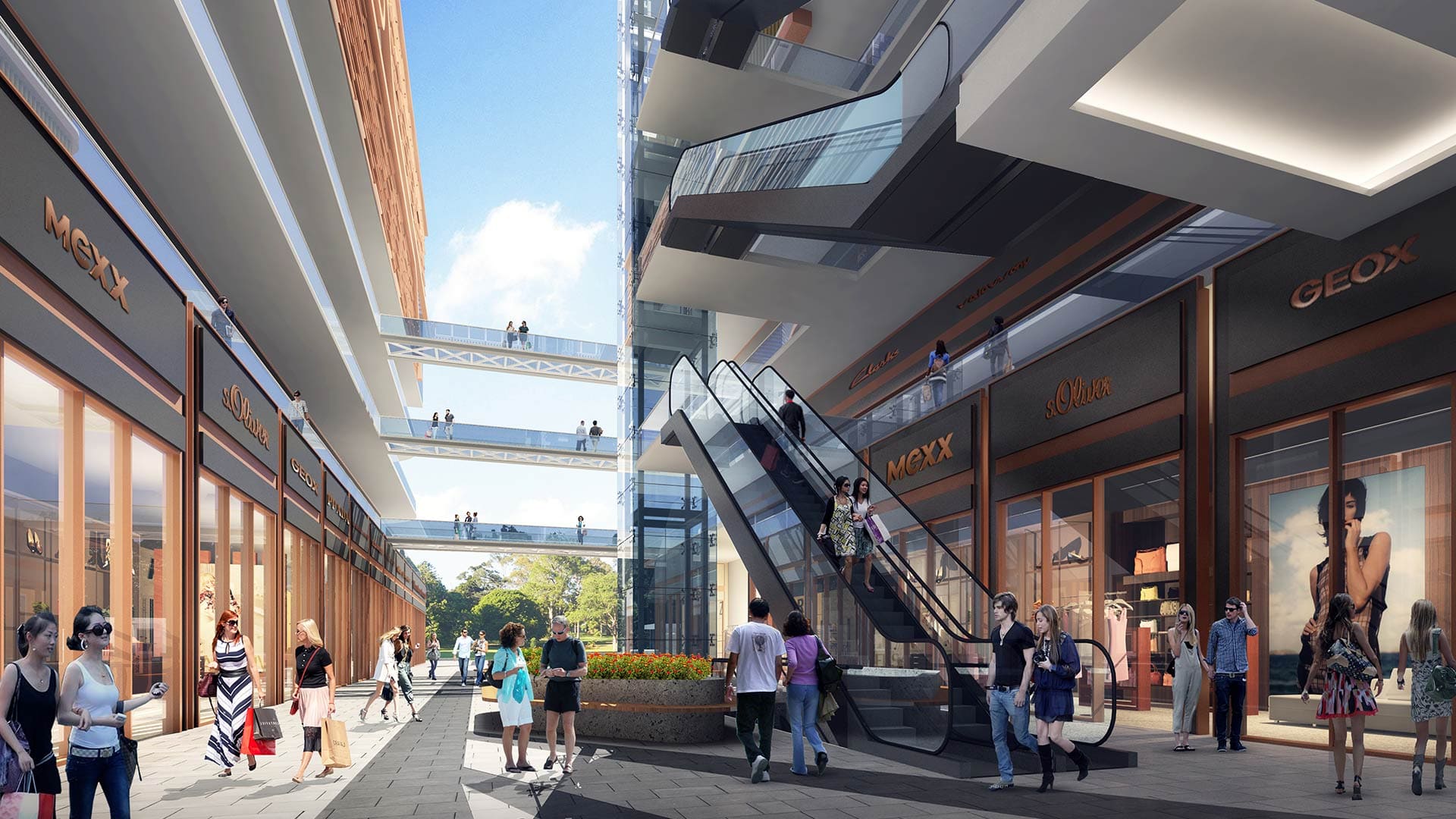 Open-air retail plaza with escalators at Paras Avenue Sector 129 Noida